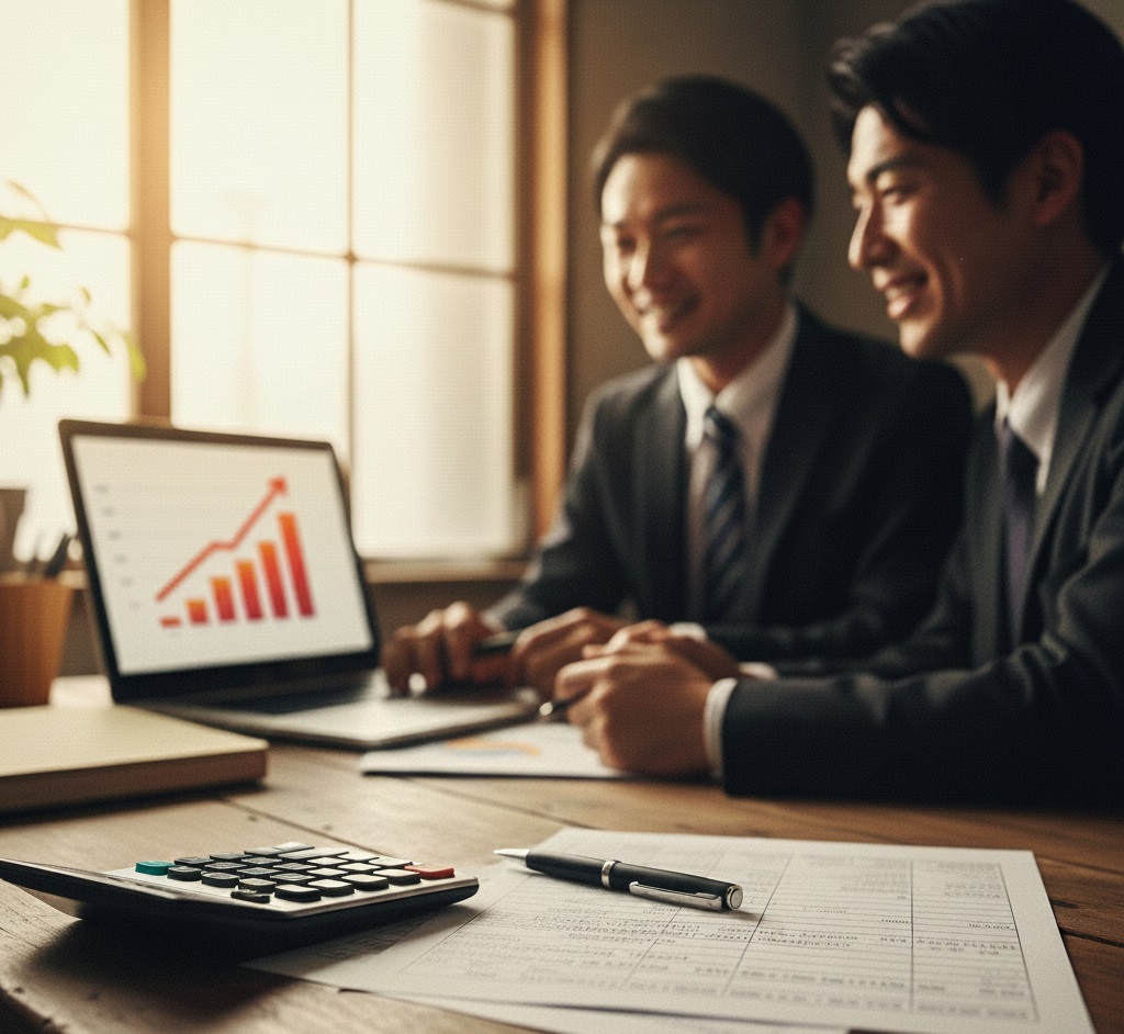 コスト削減を示すグラフや電卓